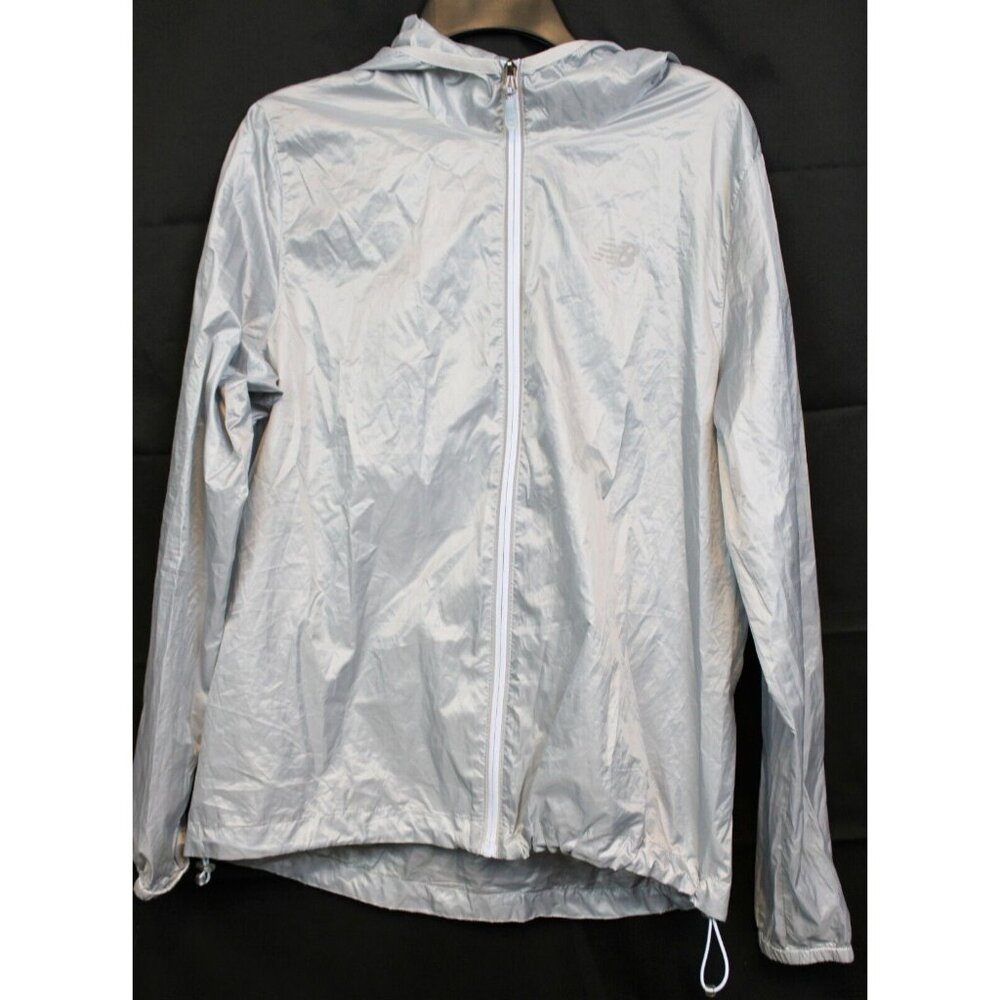 New Balance Women's Grey Jacket Lg Reflective Rain Hooded Lightweight Breathable